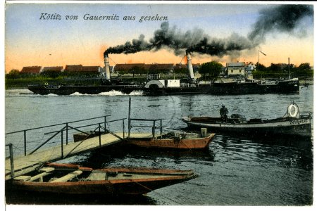 10869-Kötitz-1909-Blick auf Kötitz mit Elbe und Schleppzug-Brück & Sohn Kunstverlag