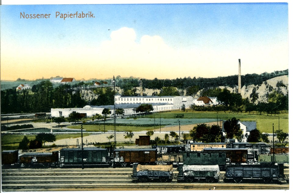 14856-Nossen-1912-Papierfabrik - Eisenbahngelände mit Güterwagen-Brück & Sohn Kunstverlag