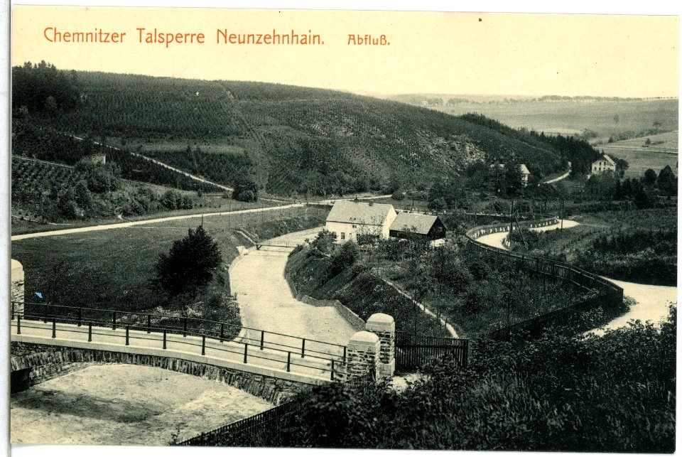 14449-Neunzehnhain-1912-Abfluß der Talsperre-Brück & Sohn Kunstverlag