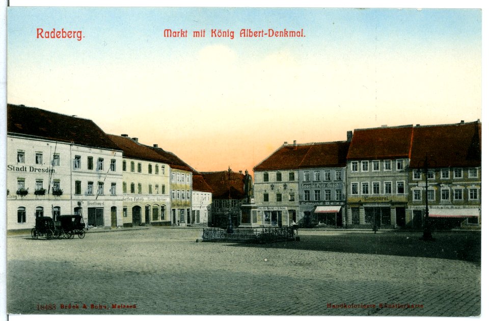 10483-Radeberg-1908-Markt mit König Albert Denkmal-Brück & Sohn Kunstverlag