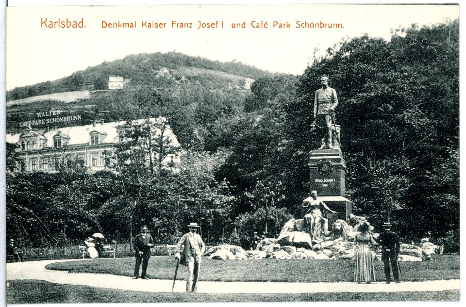 14907-Karlsbad-1912-Denkmal Kaiser Franz Josef I. und Cafe Park Schönbrunn-Brück & Sohn Kunstverlag