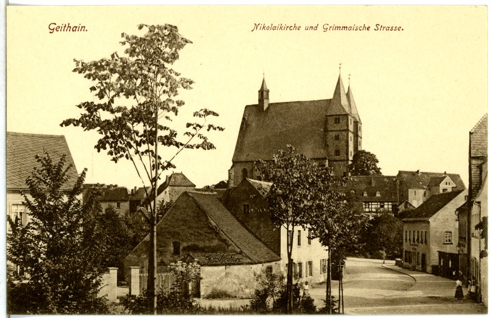 14929-Geithain-1912-Nikolaikirche und Grimmaische Straße-Brück & Sohn Kunstverlag