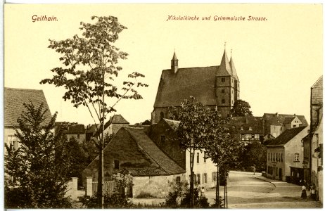 14929-Geithain-1912-Nikolaikirche und Grimmaische Straße-Brück & Sohn Kunstverlag