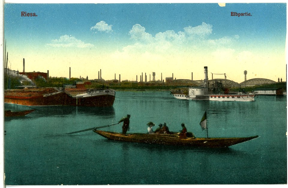 14708-Riesa-1912-Elbansicht mit Dampfer Auguste Victoria und Lastkähnen-Brück & Sohn Kunstverlag