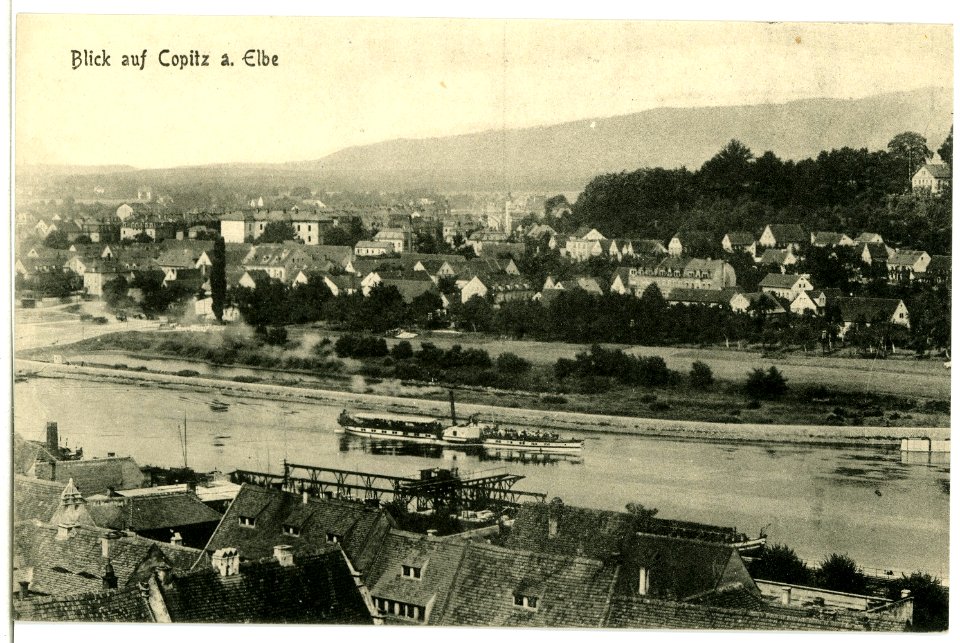 10366-Copitz-1908-Blick auf den Ort und Elbe mit Dampfer-Brück & Sohn Kunstverlag