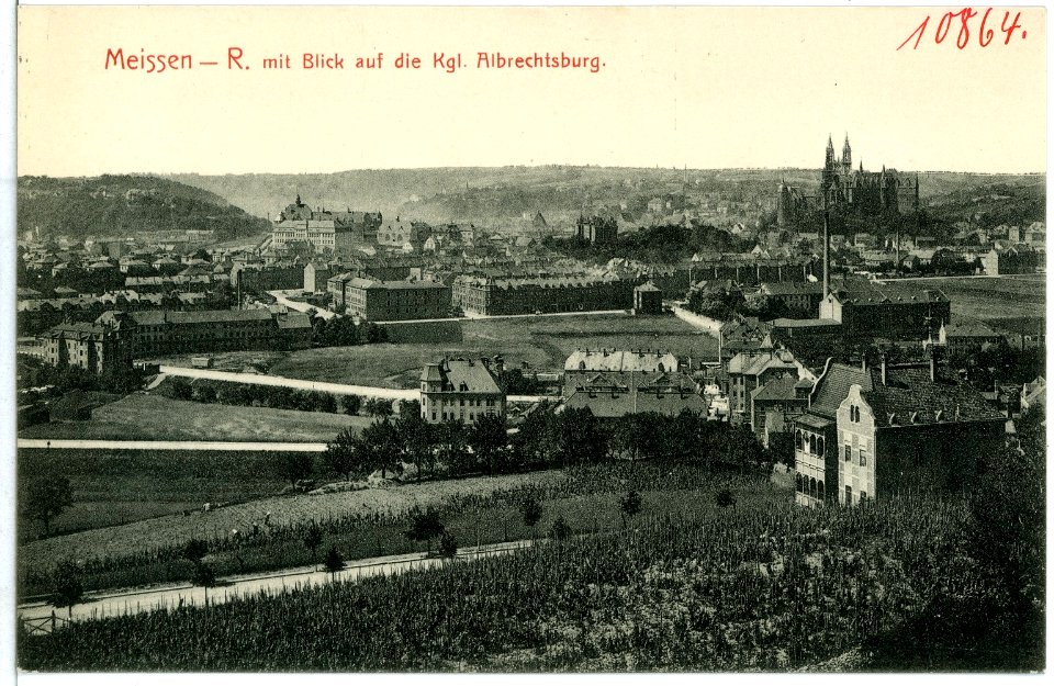 10864-Meißen-1909-Meißen-Rechts und Blick aud die Albrechtsburg-Brück & Sohn Kunstverlag