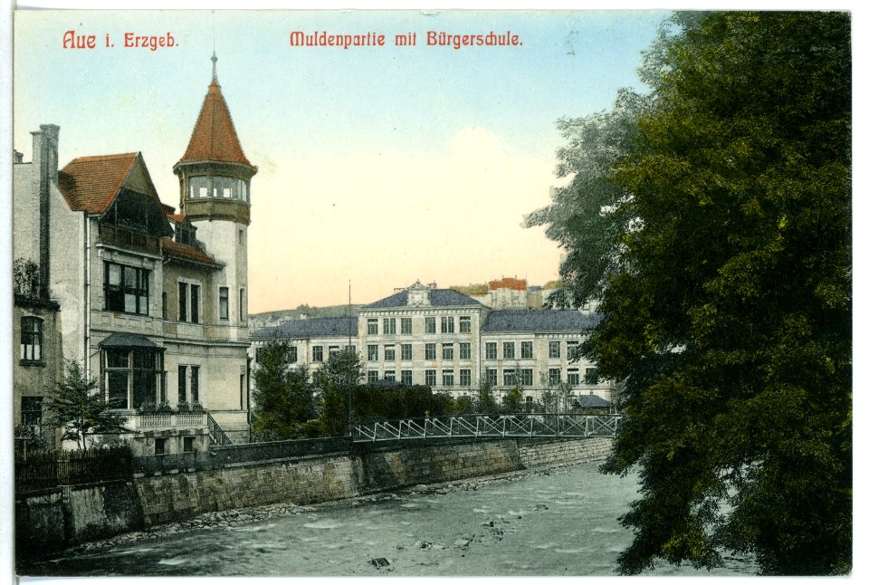 10770-Aue-1909-Muldenpartie mit Bürgerschule-Brück & Sohn Kunstverlag