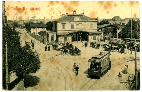 10966-Meißen-1909-Bahnhof, Straßenbahn und Droschken-Brück & Sohn Kunstverlag