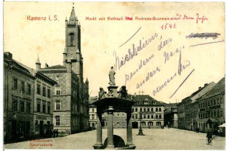 10887-Kamenz-1909-Markt mit Rathaus und Andreasbrunnen-Brück & Sohn Kunstverlag
