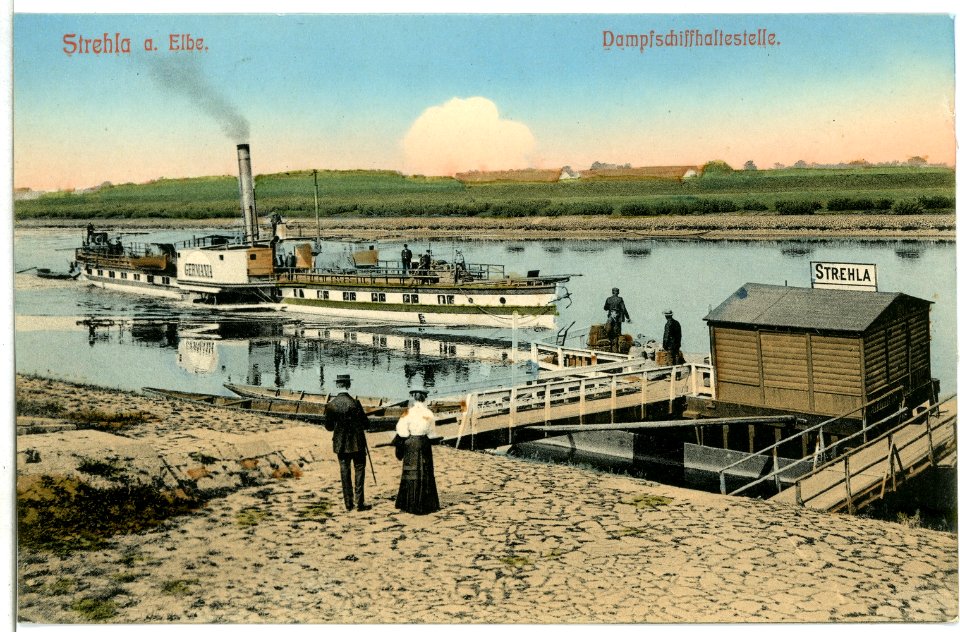 10190-Strehla-1908-Dampfschiffhaltestelle mit Dampfer Germania-Brück & Sohn Kunstverlag