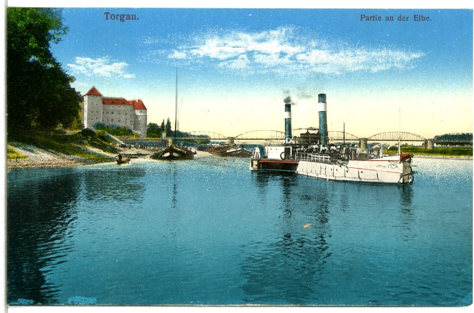 15040-Torgau-1912-Elbe mit Schleppdampfer-Brück & Sohn Kunstverlag