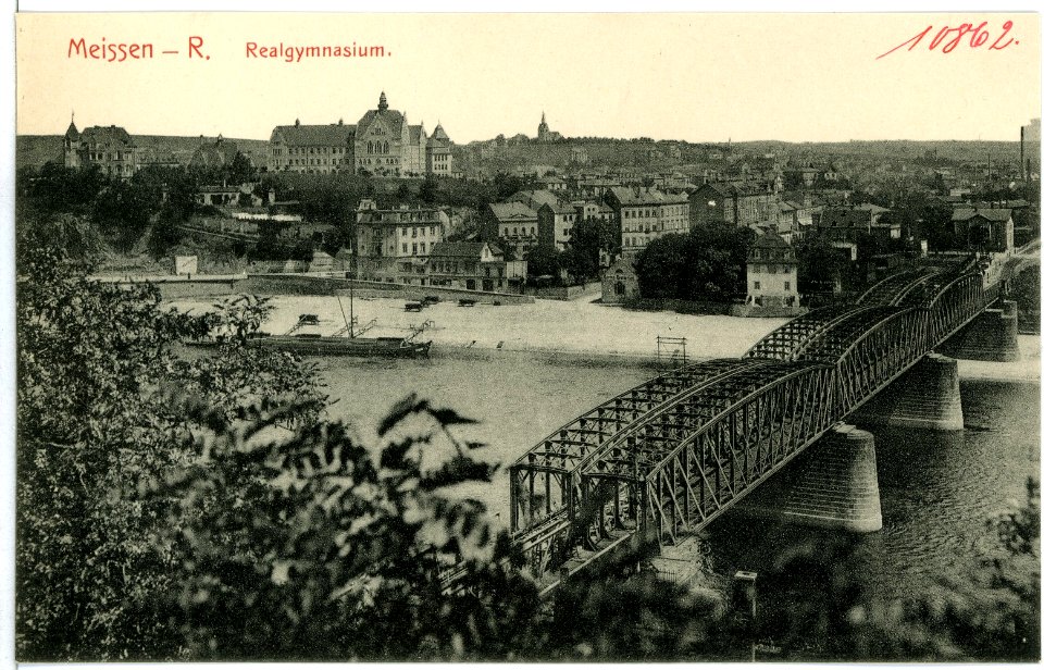 10862-Meißen-1909-Eisenbahnbrücke und Realgymnasium-Brück & Sohn Kunstverlag