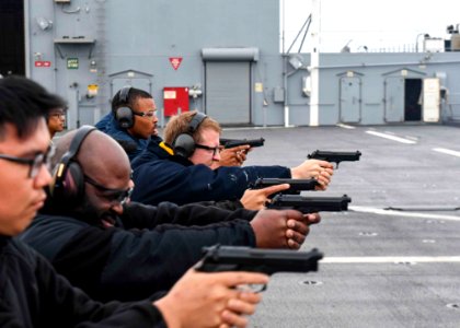 USS Hershel "Woody" Williams (ESB 4) conducts pistol train…