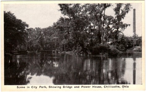 Scene in City Park, Showing Bridge and Power House, Chilli…