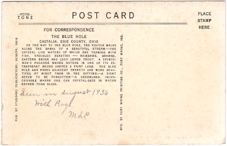 Back of The Gateway to the Blue Hole, Castalia, Ohio (1936…