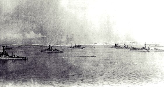1914 Flota Británica anclada en Orkney Island, Escocia