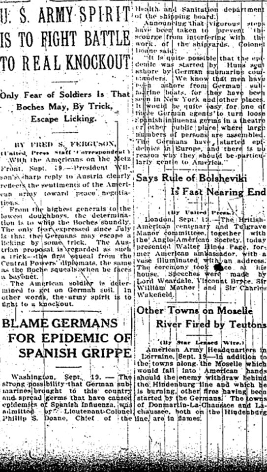 “BLAME GERMANS FOR EPIDEMIC OF SPANISH GRIPPE”