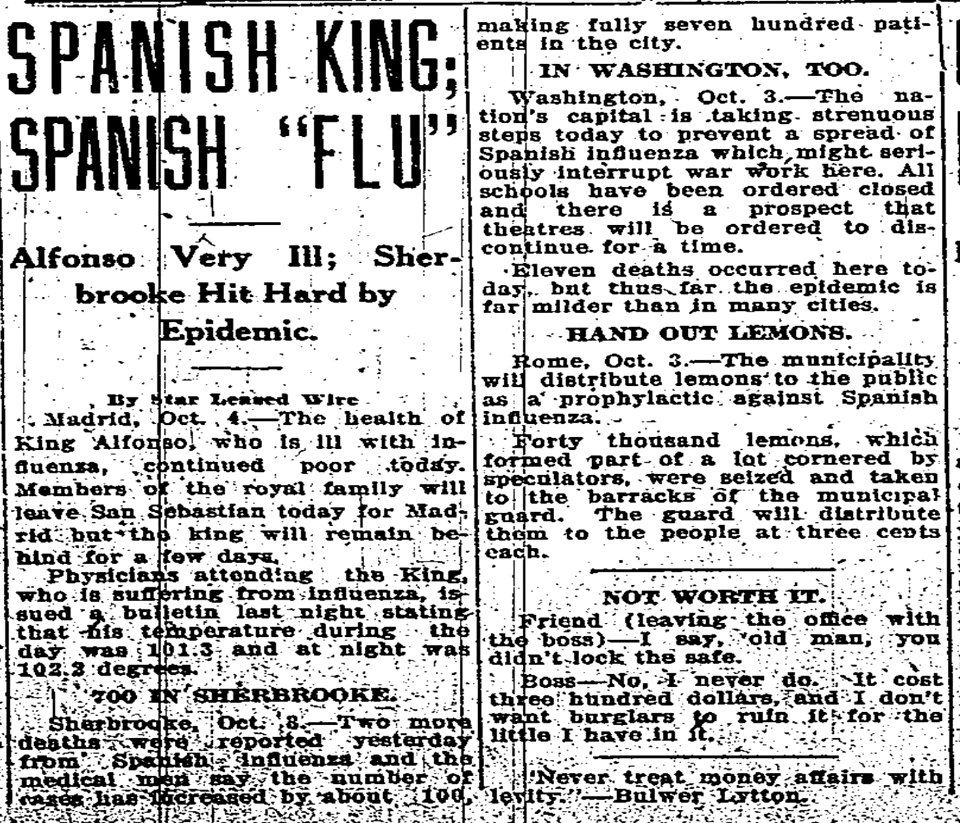 “Spanish King; Spanish ‘Flu’ – Alfonso Very Ill; Sherbrook…