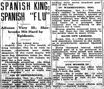 “Spanish King; Spanish ‘Flu’ – Alfonso Very Ill; Sherbrook… photo
