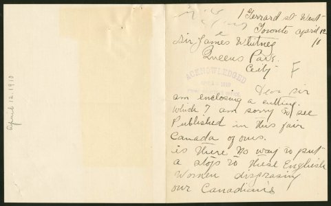 Letter from Mrs. D.M. Morrison, Toronto, to Ontario Premie… photo