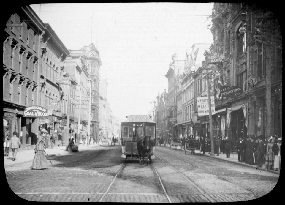 View showing a streetcar on King Street, just east of Yong…