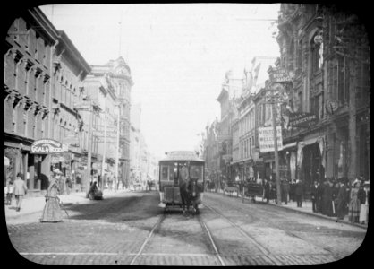 View showing a streetcar on King Street, just east of Yong…