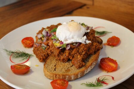 Poached egg rye open sandwich health photo