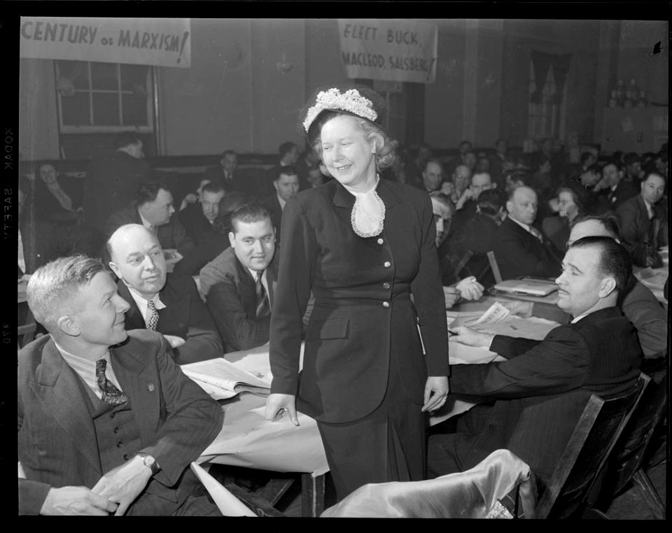 A woman standing in the crowd at a meeting of the Ontario … photo