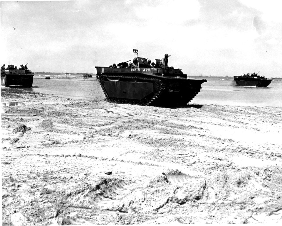 SC 205184 - INVASION OF OKINAWA. Amphibious tractors land …