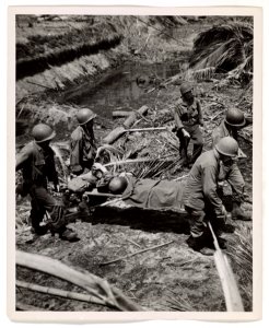 Carried on a stretcher by four buddies, a wounded American…