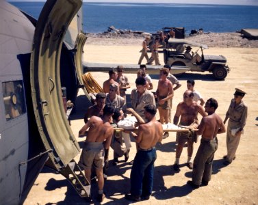 Wounded Marines from Bougainville fighting are unloaded fr…