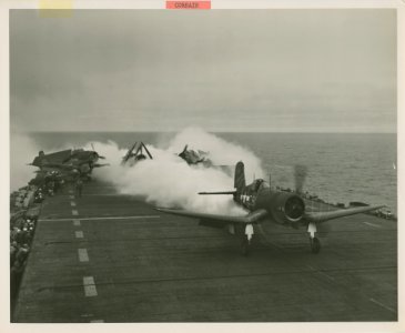 A Chance Vought F4U Corsair makes a jet assisted take-off.…