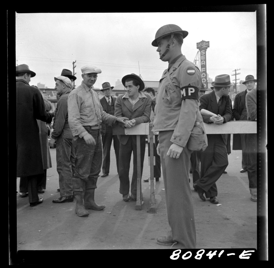 Sentry on guard at the Army transport dock. San Francisco,…