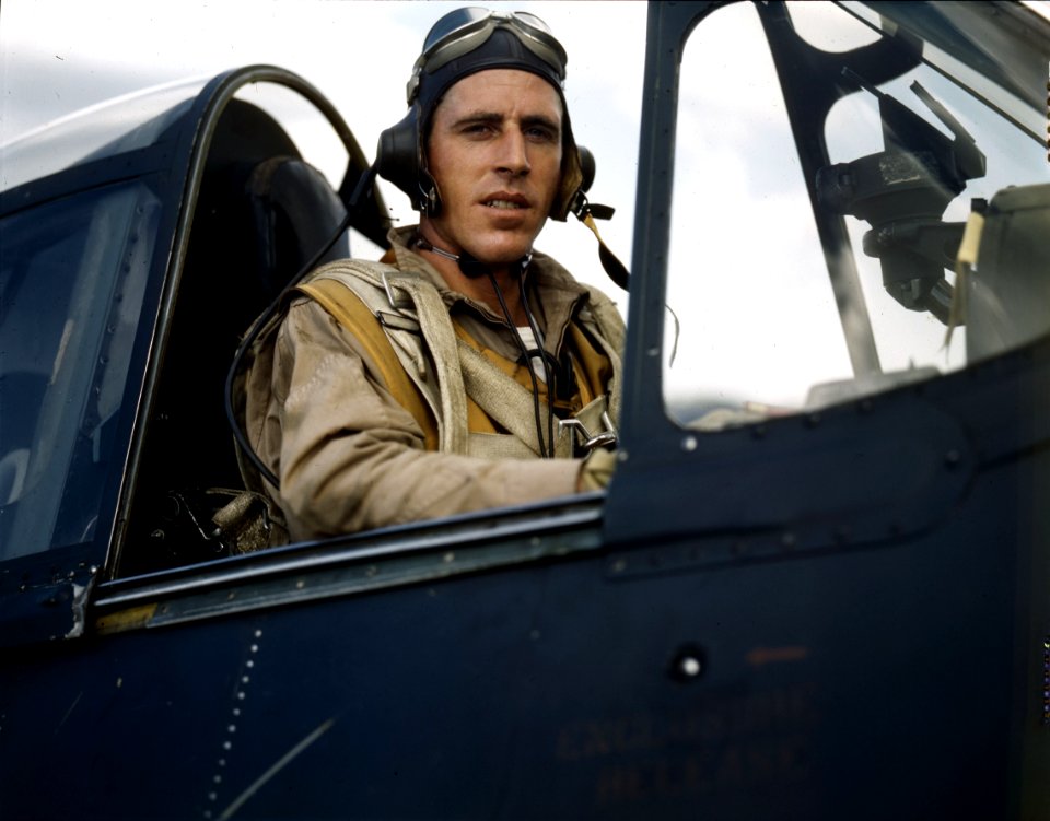 K.B. Satterfield, USN Pilot, in Cockpit, USS Yorktown (CV-…