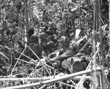 Marines take a brief rest in the jungle before pushing on …
