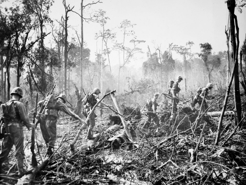U.S. Marines move inland on Cape Gloucester.