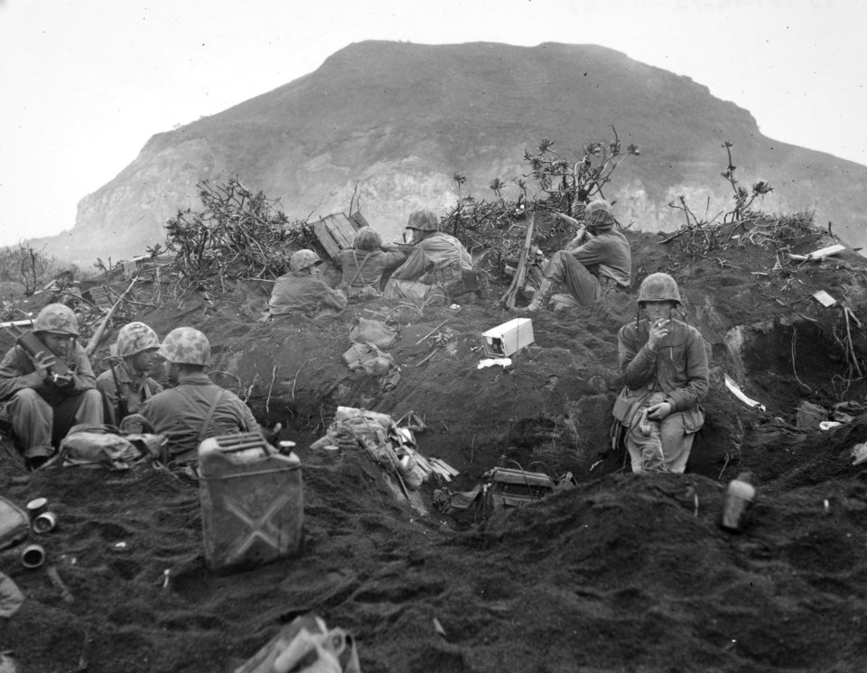 Marines in forward positions facing Mount Suribachi, 22 Fe…