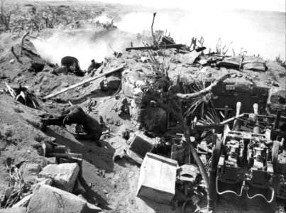 A destroyed Japanese AA emplacement on Iwo Jima.