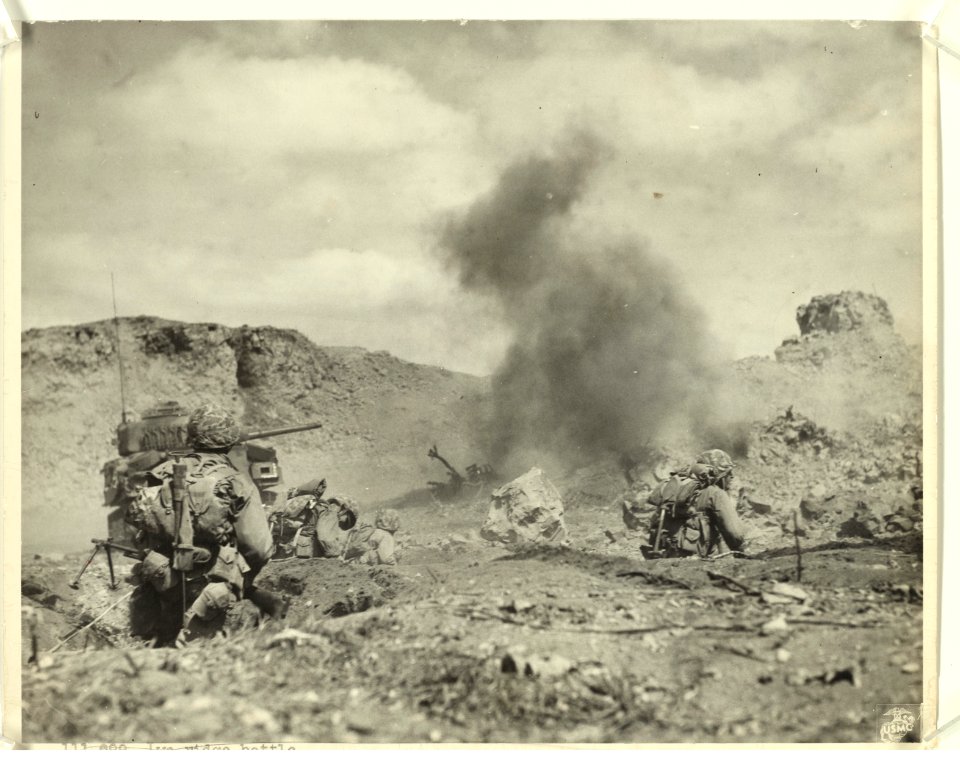 Supported by tanks, Marines stage a frontal attack on Japa…