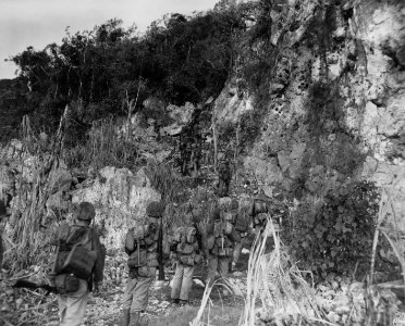 Second Division Marines, in single file, scale one of the …