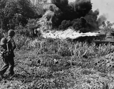 A Marine light flame-throwing tank cuts loose on some Japa…