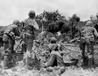 Marines stand by to pick off Japanese soldiers flushed out…