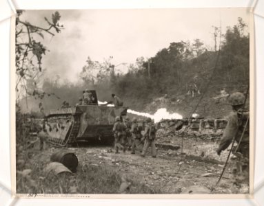 Flanked by Marine infantrymen, an amphibious tractor shoot…