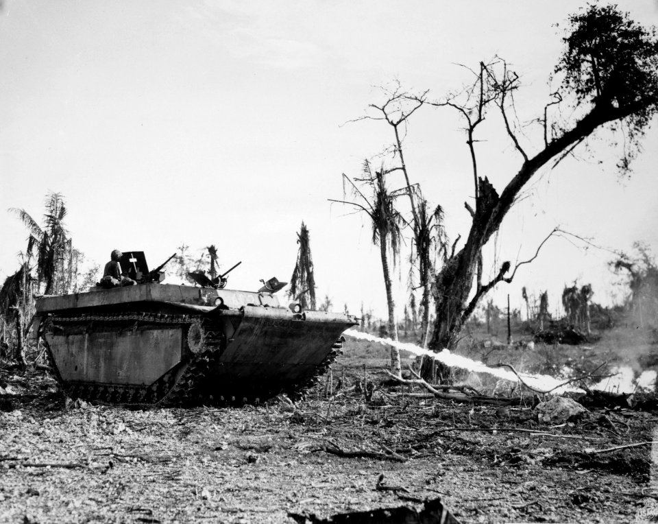 Flame-throwing LVT of the 1st Marine Division on Peleliu, …