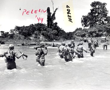 Marines of the 1st MARDIV wading through water at Peleliu,… photo