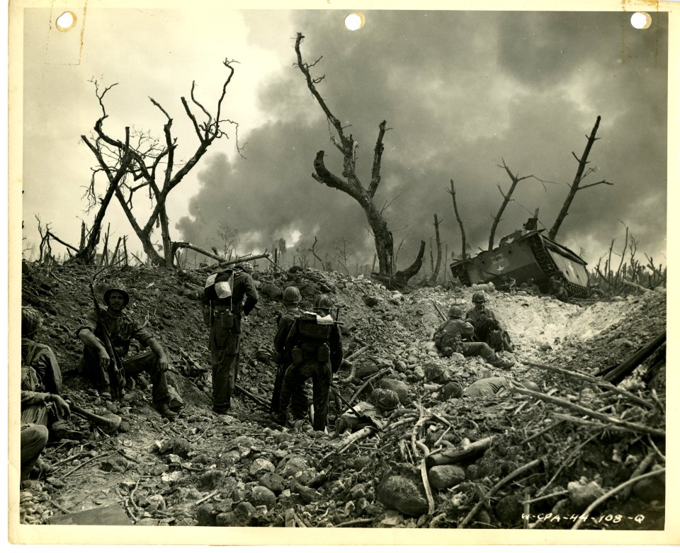 Radio set up in bomb crater next to Red Beach 1, Kwajalein…