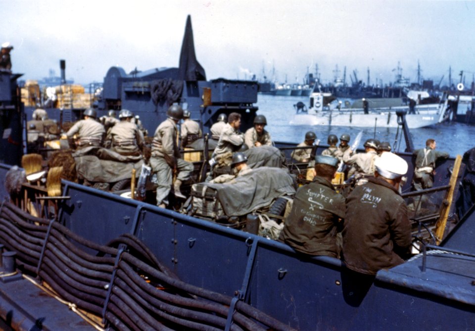 View of an L.T.C. with American troops and equipment loade…
