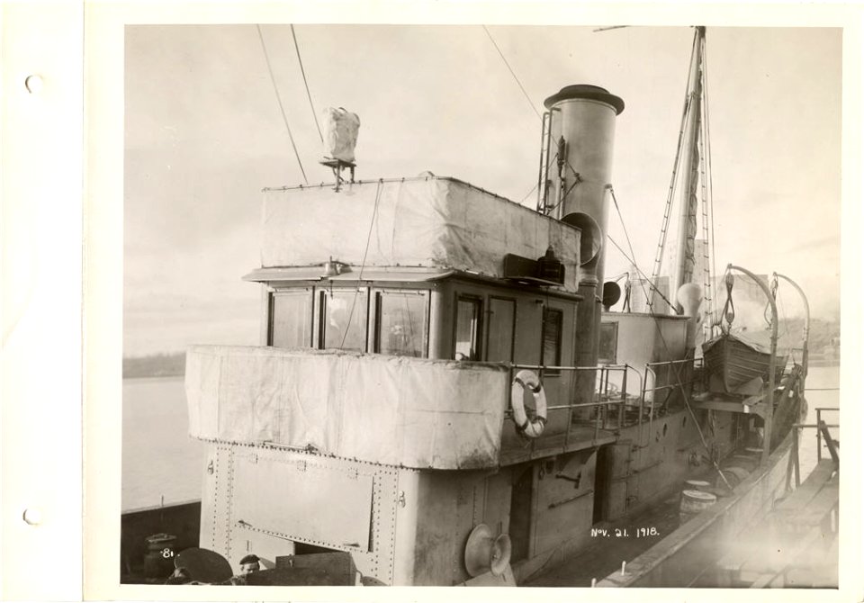 View of wheelhouse of boat being equipped