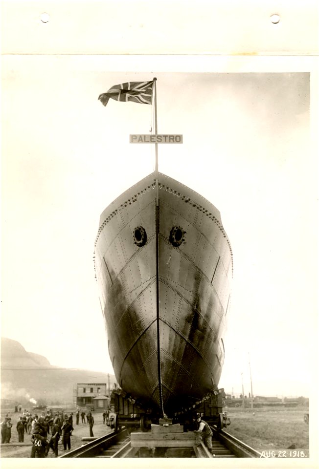 Bow view "Palestro" on launching trucks