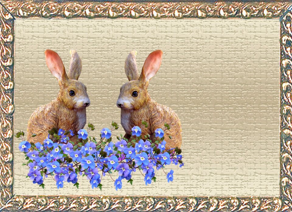 Rabbits blue flowers frame